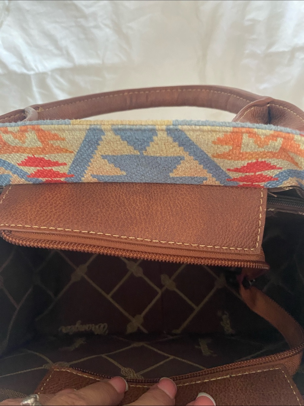 Wrangler Aztec Canvas Tote in Light Blue, Tan and Orange - Picture 3 of 4